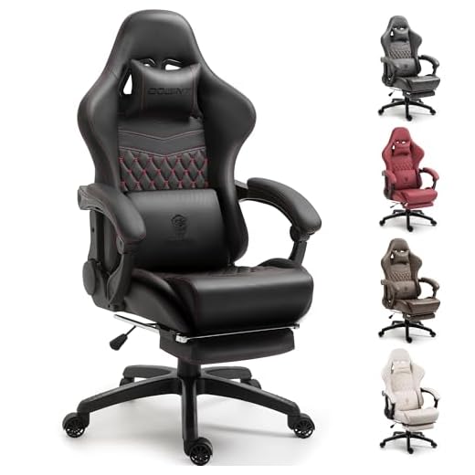 Dowinx Gaming/Office PC Chair with Massage Lumbar Support, Vintage Style PU Leather High Back Adjustable Swivel Task Chair with Footrest (Black and Red)