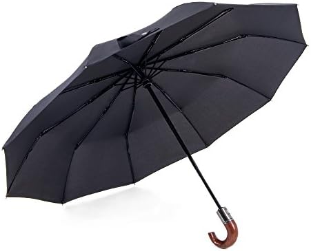 Fully Automatic 3 Folding 10Ribs Imitation Wood Crook Handle Compact Travel Umbrella For Mens UV Protection Strong Waterproof & Windproof (black)