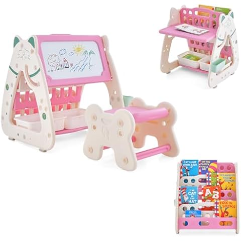 GLACER 3-in-1 Kids Art Easel w/Stool, Double-Sided Magnetic Dry Erase Board, Multi-Layer Book Rack, 2 Storage Baskets, 4 Colorful Markers, Adjustable Table & Chair Set for 1-5 Years Toddler (Pink) Cover