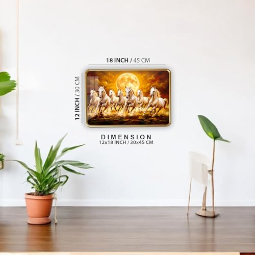 Image of Dharvika Innovations 7 Running Horses Photo Frame, Ultra High Gloss Lamination, Vastu Painting for Living Room, Office, 12x18 Inch (Design 10)
