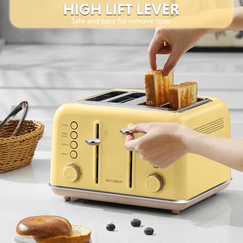 Image of BUYDEEM DT640 Retro 4 Slice Toaster, 7 Shade Settings, Extra Wide 1.5'' Slots, Stainless Steel Toaster with Bagel Muffin Defrost Reheat Function, Yellow