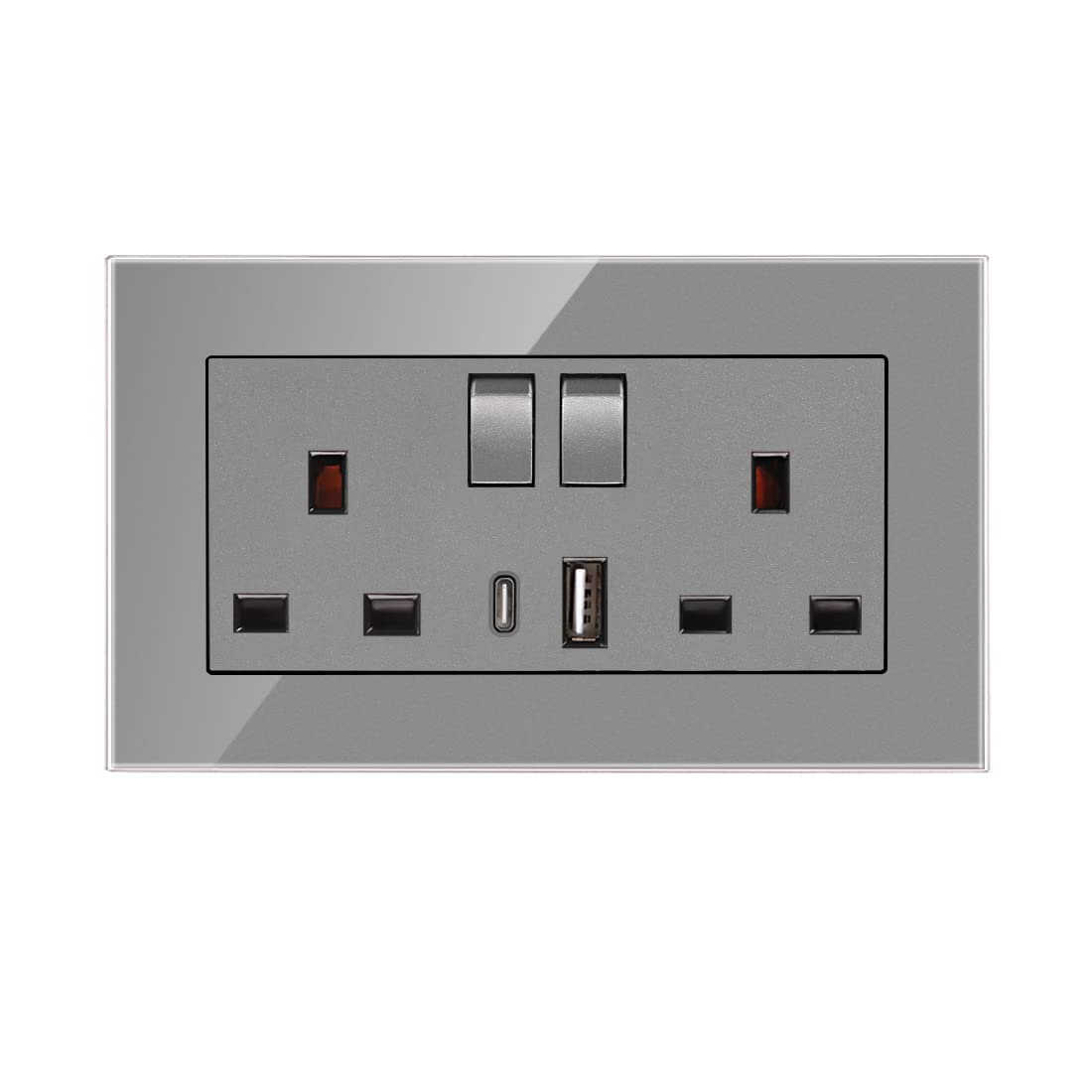 CNBINGO Glass Double Switched Socket with USB-A and Type-C Charging Ports (Output 2.1A), Grey Crystal Glass Panel Wall Outlet, 2 Gang 13 Amp Electric Power Socket