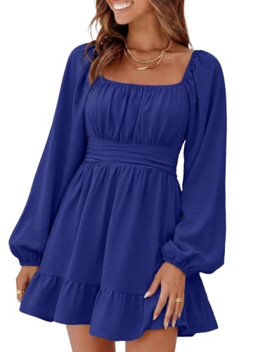Image of Dokotoo Womens Dress Lantern Sleeve Elastic Waist Tie Backless Mini Dress | Square Neck,Off Shoulder,Flowy,Ruffle A-Line,Casual,Mini Dress,Beach Vacation Clothes,Fall Outifits,Wedding Guest,Boho