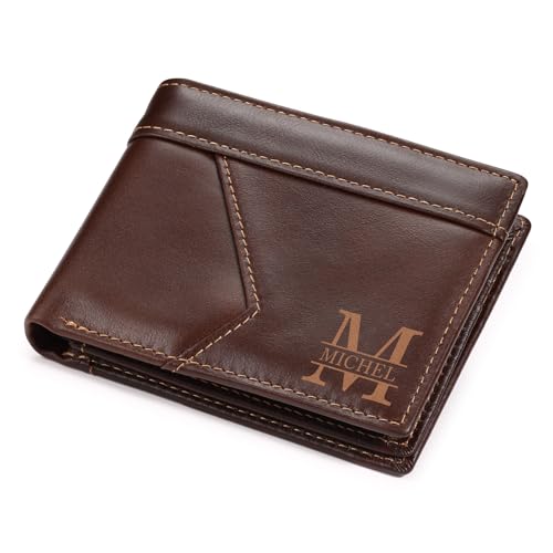 Image of Personalized Leather Wallet for Men, Engraved Wallet for Groomsmen Gifts, Best Man Gift, RFID Blocking Bifold Thin Wallet, Wedding Party & Birthday Gift for Dad Husband (Vintage Brown)