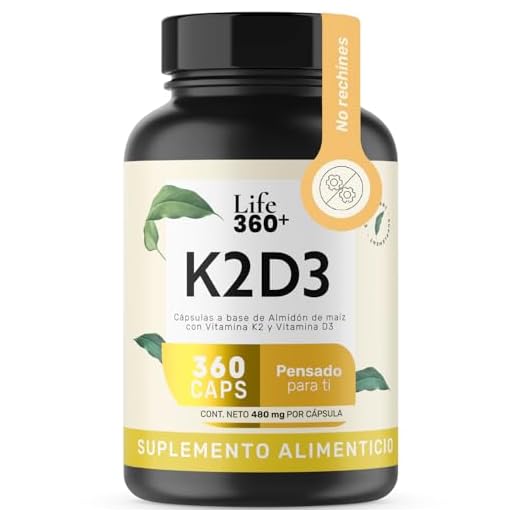 LIFE 360+ K2D3 Vitamina K2 y D3 | 360 Cápsulas | Cápsulas de Gelatina a Base de Almidón de Maíz con Vitamina K2 y Vitamina D3 | Suplementos Alimenticios | Contenido Neto 360 Cápsulas por Envase
