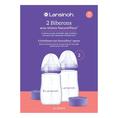 Lansinoh - Biberon PP Natural Wave 2x240ml - Système Anti-Colique AVS - Tétine Large Souple - Réduit Confusion Sein-Tétine - Sans BPA - Débit Adapté - Allaitement Mixte & repas sereins - Dès 0 mois