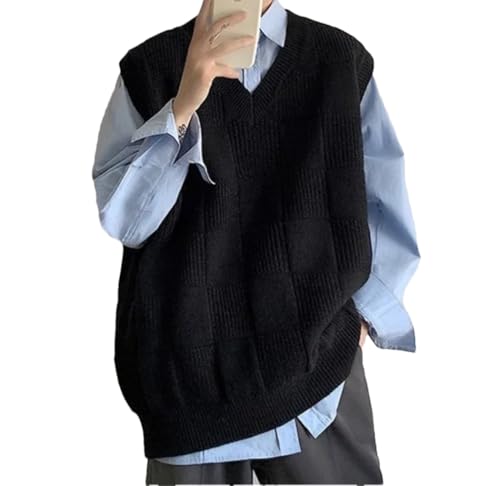Men's Wool V-Neck Knit Sweater Vest Sleeveless Waistcoat Solid Color Harajuku Loose Fit Business Formal Waistcoat Top