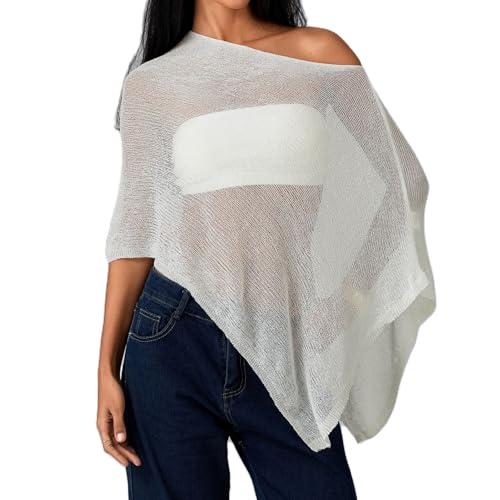 Women Sheer Knit Crochet Poncho Top Mesh Off Shoulder Shrug Summer Asymmetrical Shawl See Through Bolero Cover Up Tops