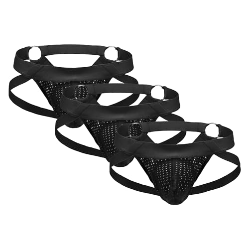 JEKE-DG Men's Jockstrap Breathable Underwear Athletic Strap Supporters Low Rise Briefs Stretch Bulge Pouch Underpants (X-Large,Black -3Pc)