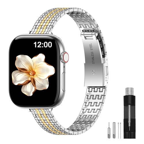 MioHHR Metal Band Compatible with Apple Watch Bands 49mm 46mm 45mm 44mm 42mm(Series 3/2/1),Thin Stainless Steel Chain Strap for Women iWatch Ultra3/2/1 Series 11 10 9 8 7 6 5 4 SE3/2/1,Silver/Gold by MioHHR - Used condition - US$10.21