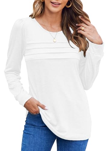 Bluetime White Blouses for Women Dressy Casual Long Sleeve Fall Fashion 2024 Tunic Tops Pleated Comfy Soft T Shirts M