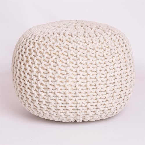 Image of Roseley Round Chunky Knitted Pouffe Footstool Braided Cotton Ottoman Resting Feet 50cm Comfy Filled Bean Seat 50cm Light Foot Stool Living Room Decor Firm Support For Children Elderly [Cream]