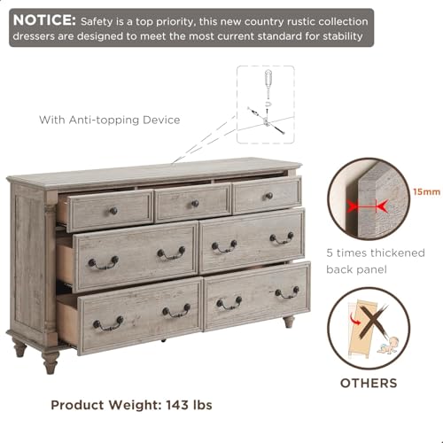 T4TREAM Farmhouse 7 Drawers Dresser Chests for Bedroom w/ 4 Column Solid Wood Feet, Tall Wide Wood Country Rustic Chest of Drawers, Storage Dressers for Bedroom, Living Room, Light Rustic Oak