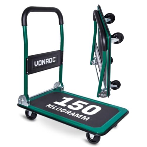 VONROC Carrello da Trasporto Pieghevole - 150kg | Ruote Girevoli 360° | Piattaforma 470x730mm | Maniglia in Acciaio | Anti-Corrosione