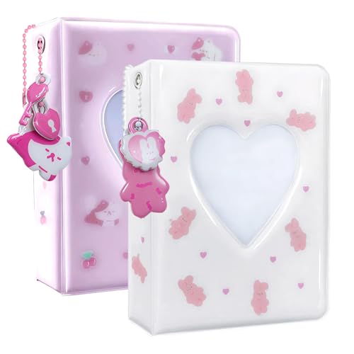 2 Pcs Photocard Binder,3 inch Heart Hollowed Mini Photo Album with 40 Pockets and Pendant for Polaroids Standard Idol Photocards Collection(White/Pink)