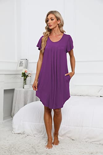 Bestshow Plus Size 4Xl Pleated Nightgown Soft Nightshirt Pajama Dress Short Sleepshirt Loungewear Sleepwear Light Purple #TOP4