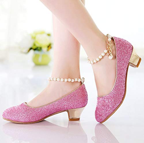 Girl's Pretty Party Mary Jane Low Heel Ankle Strap Dress Shoes Glitter Pumps for Kids Flower Girls3