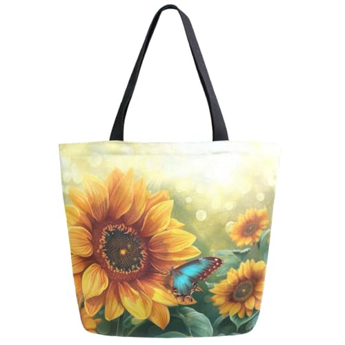 Extra Large Shoulder Gym Tote Bag, Sunflower Art Blue Butterfly Canvas Handle Bag for Yoga Weekender Picnic Beach Travel Kitchen Reusable Market Grocery Shopping