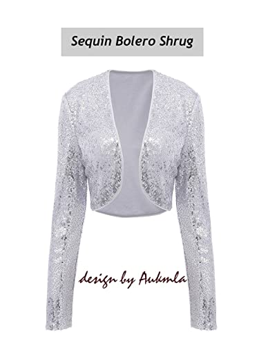 Aukmla Women Sequin Shrug Long Sleeve Sparkle Bolero Jacket Open Front Cropped Cardigan Party Evening Shawls And Wraps Silver #TOP3