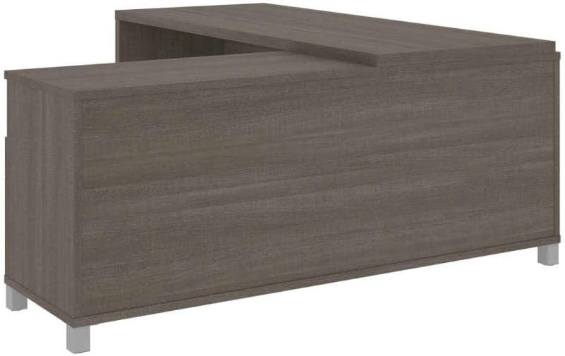 BOWERY HILL Modern Wood L-Shaped Home Office Desk, Bark Gray Finish, 71.1 in Width, Durable Commercial-Grade Melamine Surface, Reversible Design, Storage Drawers and Shelves, Silver Metal Legs