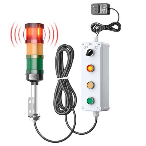 3 Stack Super Bright LED Andon Tower Light with Buzzer, 24VDC Red/Yellow/Green Signal Light, Off-ON, 16.4ft Extension Cord, 9.8ft Power Adapter, Plug Play Ready, for Factory Automation & Safety Alarms by QTEATAK - Used condition - US$94.04