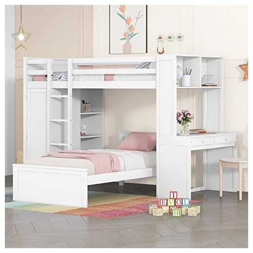 SOFTSEA Twin Over Twin Bunk Bed with Desk and Wardrobe, Convertible Bunk Bed with Storage Drawers and Shelves, Wooden Loft Bed Frame for Kids or Teens, No Box Spring Needed (White)