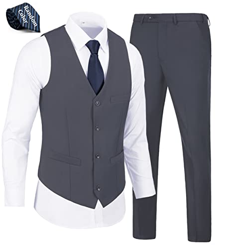 WOMS Men's Suit 2 Piece Vest Set Slim Fit Dress Suits Casual Suit Waistcoat Pant Waistcoat Business Party Deep Gray for Men-S