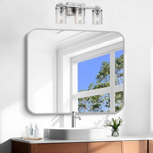 Image of Silver Bathroom Mirror, 30 x 36 Inch Metal Framed Silver Rectangle Mirror, Rounded Corner Rectangular Vanity Mirror, Wall Mounted Mirror for Living Room Bedroom Entryway Horizontal /Vertical