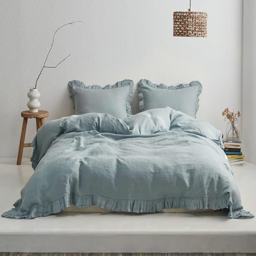 Simple&Opulence 100% Linen Duvet Cover Set, 3 PCS Natural French Flax Dusty Blue Ruffle Duvet Cover King Size, Breathable Comfy Linen Bedding Comforter Cover with 2 Pillowcases(Dusty Blue, 104" X 92")