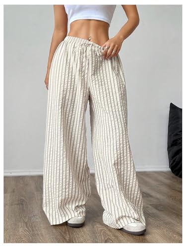 GORGLITTER Women's Striped Wide Leg Casual Pants Oversized Drawstring Waist Baggy Trousers4