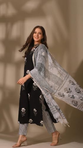 Image of Royal Export Women Floral Printed Black Straight Salwar Suit Set || Kurta Sets for Woman | Kurta Trouser Sets| Ethnic Set, Casual, Office Wear Kurta Set |Black
