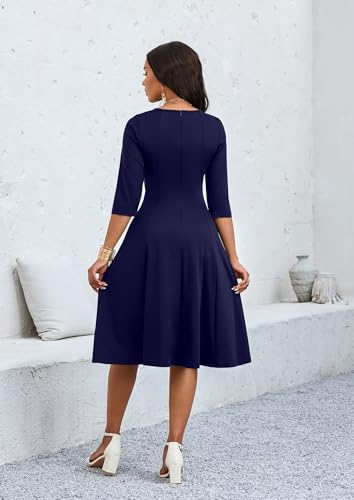 Image of CLOCOR Casual Midi Dresses for Women A-Line Fit and Flare Elegant Church 3 /4 Sleeve Crew Neck Dress with Pocket