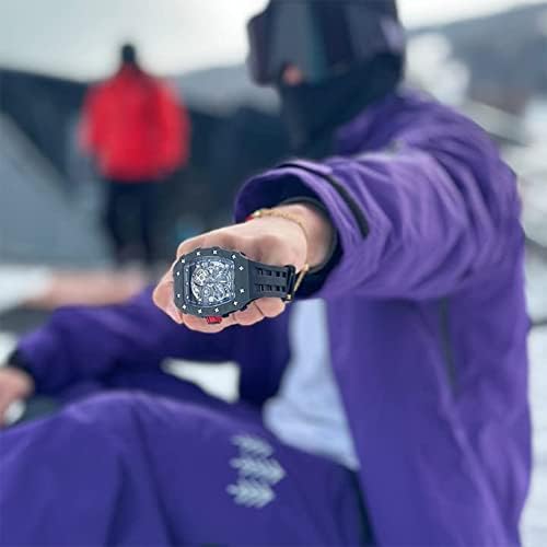 Image of TSAR BOMBA Men's Automatic Watch Tonneau Luxury Skeleton Watches for Men Mechanical 50M Waterproof Analogue Watches Mens Unique Cool Square Big Face Dial Wristwatch with Silicone Strap Band