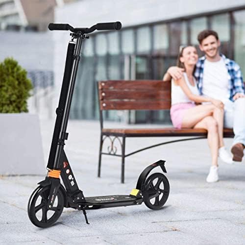 GYMAX Kick Scooter, Foldable City Scooter with Carry Strap, 200mm Large Wheels, Shock Absorption Mechanism, Height Adjustable Urban Scooter for Kids Adults and Teens