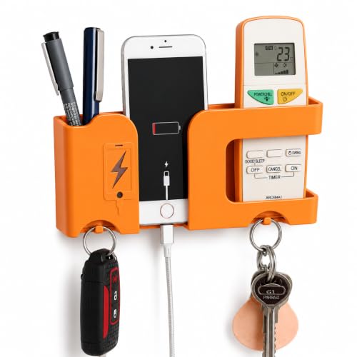 Image of CERLINK Wall Mobile Holder for Charging | Multi-Purpose Wall Mounted Phone Stand | Remote Holder with Pen & Key Storage | Mobile Charging Stand Organizer for Home & Office (Orange)