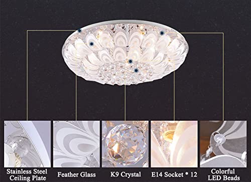 Fine Maker Luxury Crystal Chandeliers With Remote, 7-Color Changes Led Flush Mount Chrome Ceiling Light Fixture 9-Lights, 25.6 Inch Round Crystal Feather Pendant For Living Room Bedroom E14 Socket #TOP4