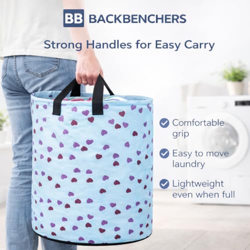 Image of Printed Laundry Basket 48L | Foldable Storage Bag with Handles | Multipurpose Clothes Hamper for Bedroom, Bathroom & Dorm | Non-Woven Fabric (Heart Print) | Blue | Pack of 1
