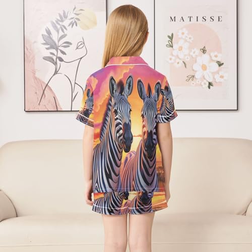 ALAZA Sunset Zebra Satin Pajamas Set Short Sleeve Button Down Sleepwear Summer Pjs 2 Piece4