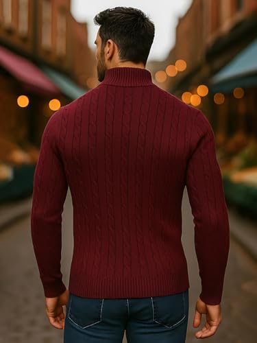 Image of TYSORT Men High Neck Zipper Full Sleeve Cable Knitted Winter Sweater,Cable Knit Sweater for Men