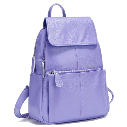Image of zency 15 Colors 100% Genuine Leather Women Backpack Antitheft Fashion Rucksack Travel Bag For Ladies (Light Purple)