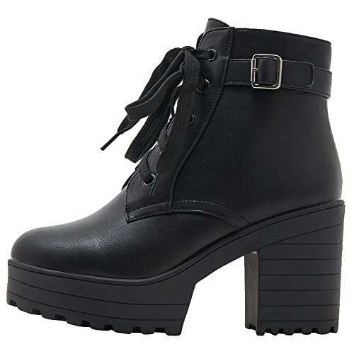 Latasa Women's Platform Combat Chunky Black Boots Round Toe Lace Up Ankle Booties (11, Black) #TOP1