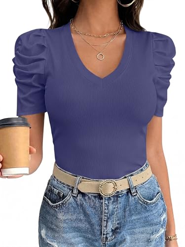 Womens Puff Short Sleeve Tops V Neck T Shirts Summer Fitted Ribbed Knit Trendy Work Shirts 2026 Navy Blue