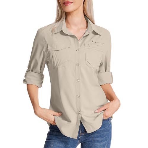 Chemise safari pour femme UPF 50 protection solaire UV à séchage rapide à manches longues pour la randonnée, la marche, la pêche, les voyages, kaki clair, M