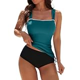 Bikini Damen Bademode Set Badeanzug Tankini Set Tankini Oberteil Sportlich Sexy Push Up High Waist Patchwork Sommer Gepolstert Elegant Slim Fit Badeanzüge Strandmode Einfarbige Mit Shorts(Türkis L)