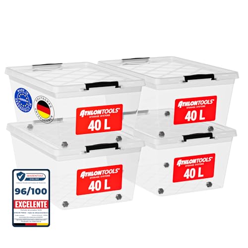 ATHLON TOOLS 4 cajas de almacenamiento de 40 L con tapa, aptas para alimentos, clips de cierre, 100 % material nuevo, caja de plástico transparente, cajas apilables