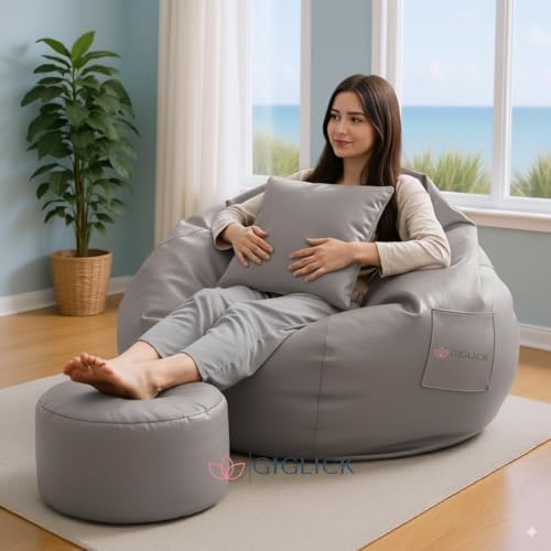 Image of 4XL Bean Bag Chair with Footrest & Cushion | Pre-Filled Beans | PVC Leatherette Lounger Sofa | Indoor & Outdoor Bean Bag with Pocket & Handle | Double Stitching | 6 Months Warranty Color- (Grey)