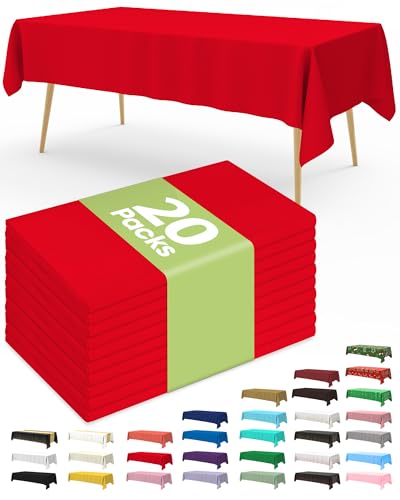 Image of Pureegg Plastic Table Cloth Disposable 20 Pack, 54 x 108 Inch Table Cloths, Valentines Day, Thanksgiving, Christmas Decorations, Fall Tablecloths, Rectangle, Plastic Cover, Leakproof & Sturdy, Red