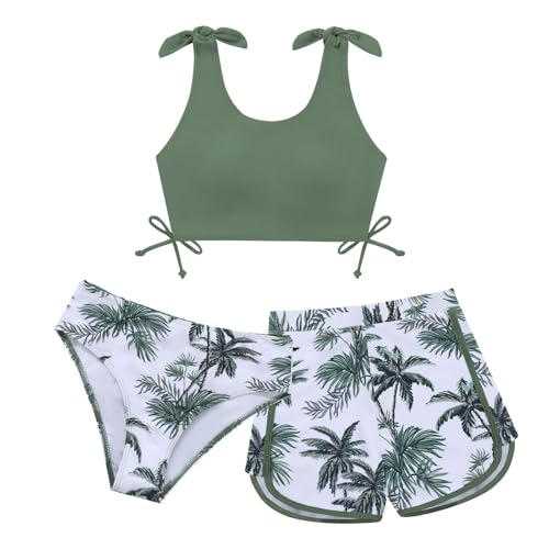 Image of Weixinbuy Girls Swimsuit Bikini Set 3 Piece Kids Tropical Print Swimwear | with Shorts,Bathing Suit for Teens 9-16 Years,Summer Beachwear,with Chest Pad