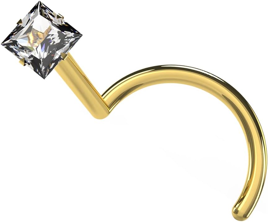 14K Solid Yellow Gold Square Gems Stone 20G(0.8MM) Nose Piercing jewelry