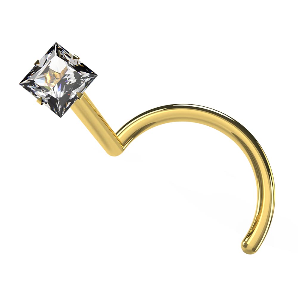 14K Solid Yellow Gold Square Gems Stone 20G(0.8MM) Nose Piercing jewelry